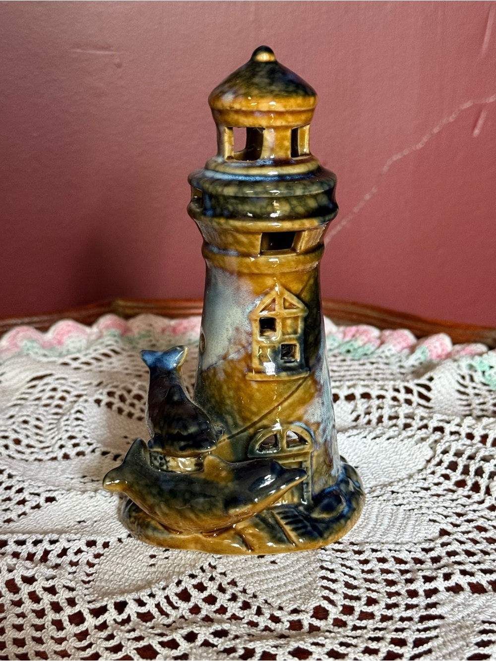 Vintage Ceramic Lighthouse Candle Holder Dolphin & Ocean Scene, Blue Brown